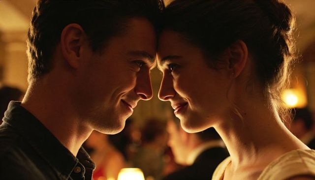 Intimate forehead touch between couple in dimly lit restaurant embracing warm candlelight