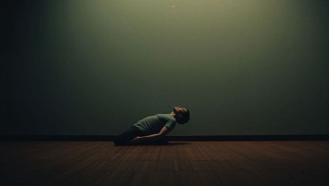 Man reclining on wooden floor under spotlight minimal solitude portrait