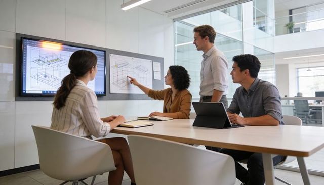 Design team collaborating on CAD plans in meeting room, presenting digital renderings