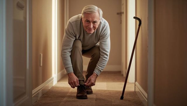 Senior man tying shoelaces in home hallway with cane, independent living mobility concept