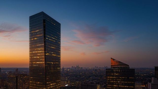 Glass tower glowing at dusk over expansive urban skyline with reflective facade