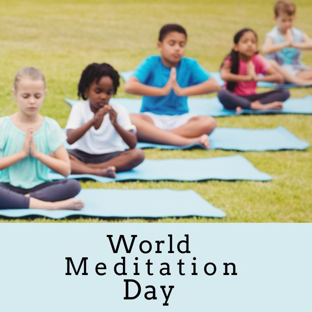 Children from diverse backgrounds practicing meditation and mindfulness on mats in a park, perfect for promoting World Meditation Day activities, wellness programs, children's meditation classes, and outdoor yoga events. Highlights concepts of peace, balance, and relaxation among young individuals.
