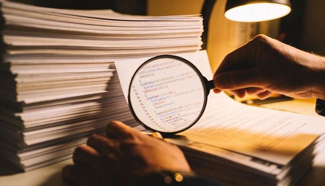 Developer Inspecting Printed Code with Magnifier over Stacked Documents and Desk Lamp
