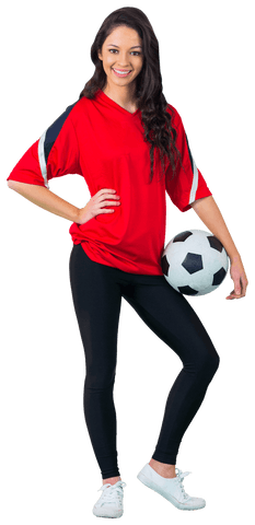 Smiling Woman in Red Jersey with Soccer Ball on Transparent Background