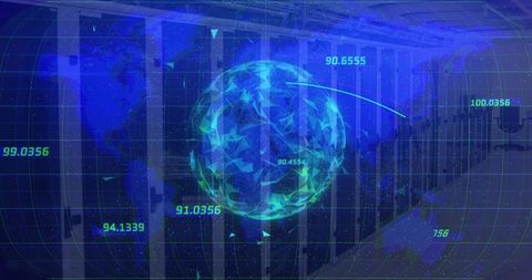 Holographic globe over data center with numerical overlay
