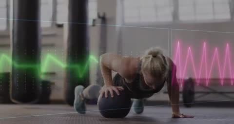 Woman Doing Medicine Ball Pushups with Integrating Pulse Waveforms in Gym