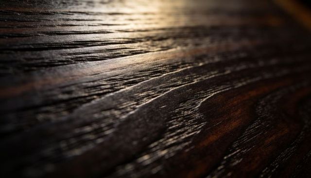 Close-up dark stained wood showing glossy grain, shallow scratches and warm amber sheen