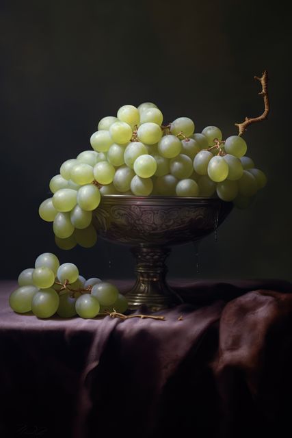 Classic still life depicting a bunch of fresh green grapes arranged elegantly on an ornate silver bowl. Dark and moody background emphasizes the rich, detailed textures. Ideal for use in culinary projects, food blogs, kitchen decor, or vintage-themed designs.