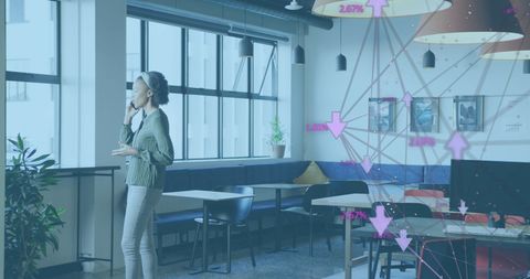 Businesswoman Analyzing Digital Connection Network in Modern Office