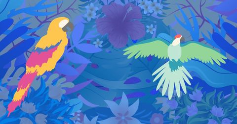 Colorful Parrots Amidst Lush Foliage in Digital Art