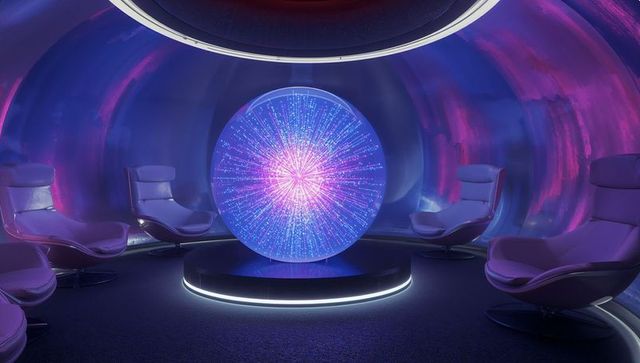 Futuristic pod with illuminated orb and sleek chairs
