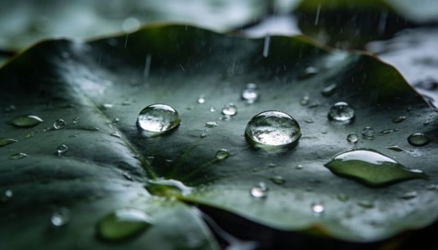 Glistening droplets beading on green lily pad with rain streaks and reflective surface