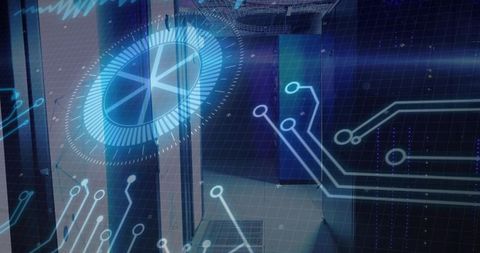 Holographic Cyan HUD Overlay in Server Data Center Aisle with Futuristic Neon Circuit Grid