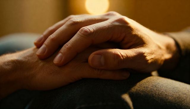 Hands resting on lap conveying comfort and warmth with denim and soft bokeh