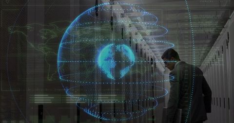 It expert inspecting server rack with holographic globe visualizing network analytics