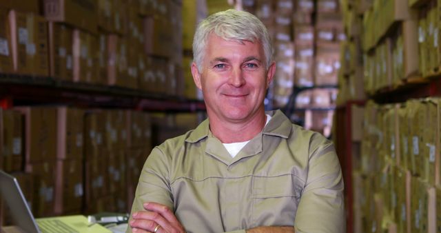 Middle-aged Warehouse Worker Smiling Among Shelves of Boxes - Download Free Stock Images Pikwizard.com