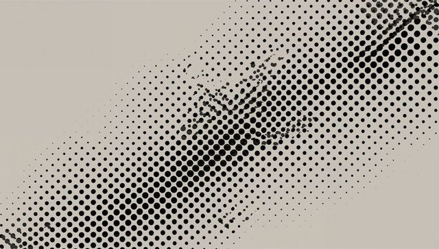 Diagonal halftone band running across beige paper with grunge dots and ink smudges