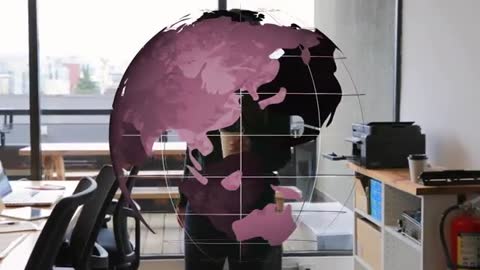 Architect Holding Coffee in Office with Animated Globe Overlay