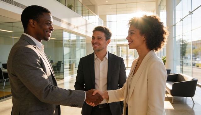 Shaking hands between diverse professionals in modern glass office lobby, business networking