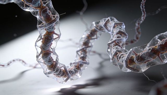 Translucent helical tube revealing segmented brown-orange core and filament network