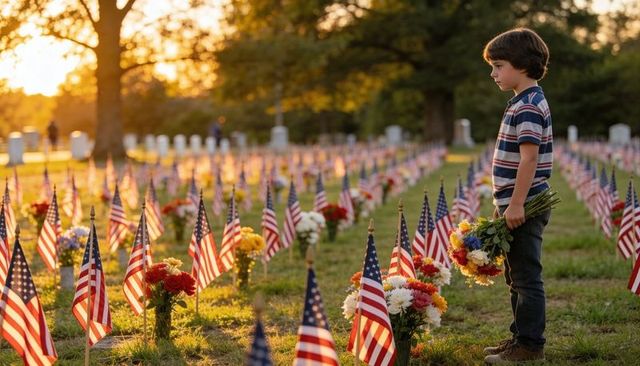 Young boy holding flowers among us flags at cemetery at sunset for memorial day tribute