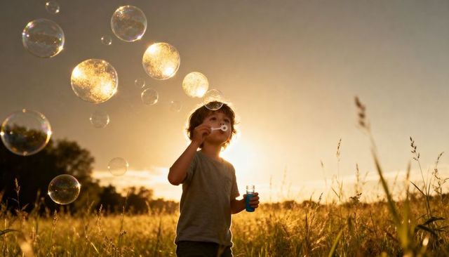 Child blowing soap bubbles in golden meadow at sunset, backlit warmth and carefree play