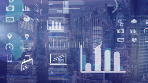 This stock video visually represents the integration of digital data with urban cityscapes, ideal for illustrating global business strategies, finance, and technological innovation. Use it for presentations on data analytics, city development projects, or technological advancements in urban planning and business/economic strategy initiatives.