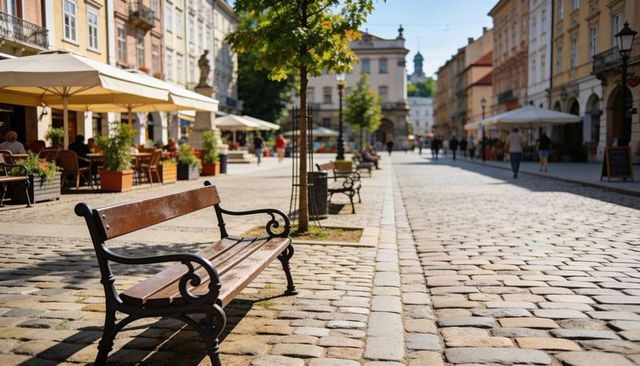 Sunlit wooden bench basking on cobblestone street with alfresco cafes and historic buildings
