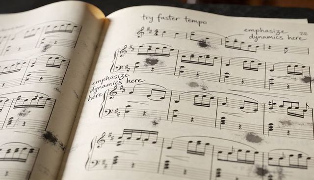 Annotated piano sheet music with ink stains and handwritten tempo and dynamics notes