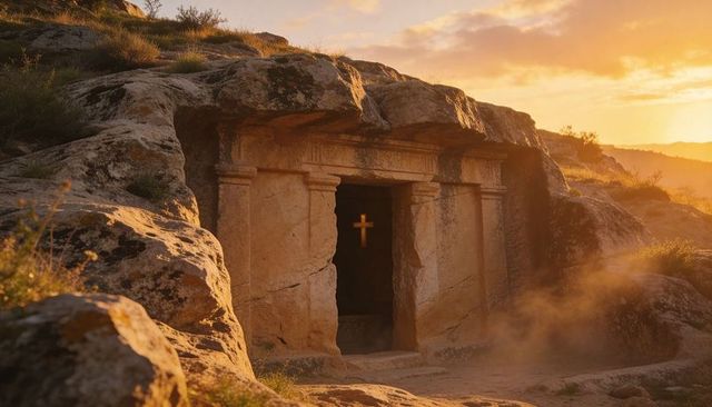 Golden sunset illuminating ancient rock-cut tomb entrance with glowing cross inside