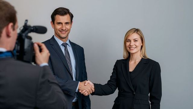 Business partnership handshake filming studio scene