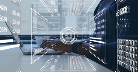 Businessman analyzing futuristic holographic display at work