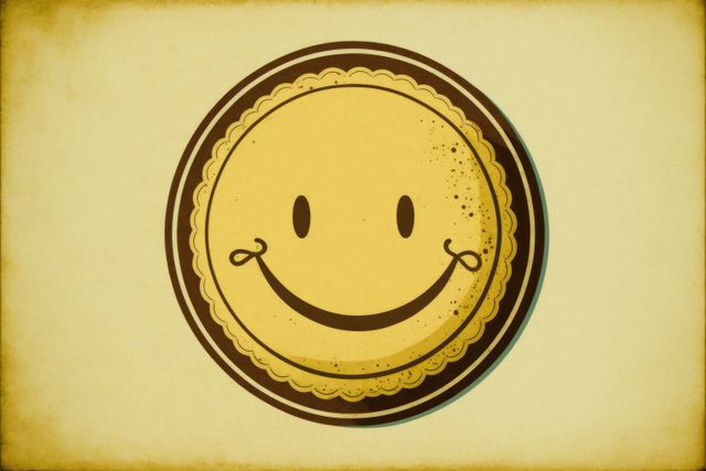 This image features a vintage-style smiley face emblem with retro colors and a weathered texture. It radiates cheerfulness and positive vibes, perfect for use in promotional materials for mental health, retro-themed events, and nostalgia-based marketing campaigns. It also works great in social media posts encouraging happiness and positivity.