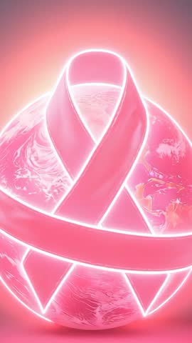 Vertical neon pink ribbon wrapping glowing globe for global breast cancer awareness