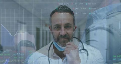 Confident Doctor Examining Medical Data Surrounded by Analytics