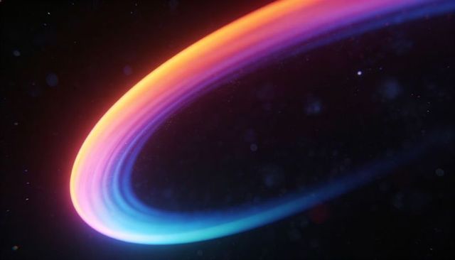 Neon cosmic ring sweeping through dark void with vibrant gradient halo