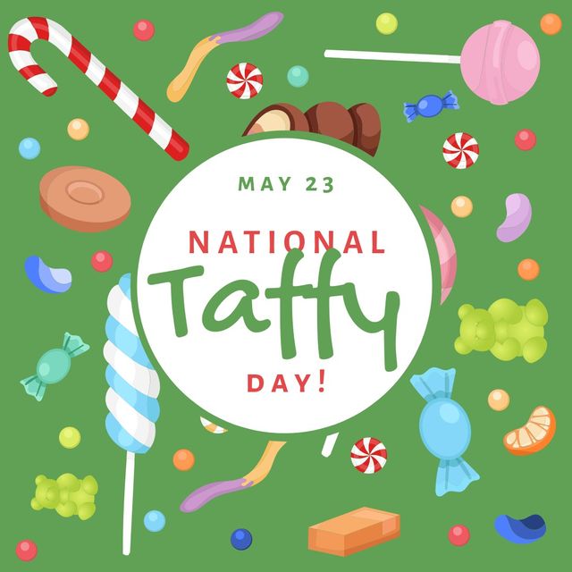 Digitally generated image of national taffy day text with various candies in background, copy space. illustration, national taffy day, candy, sweet food and souvenir.