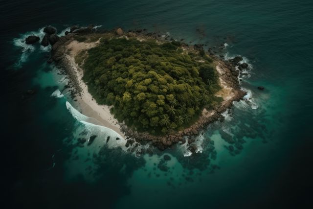 This captivating aerial image captures a lush tropical island surrounded by vibrant turquoise waters and waves breaking along its rocky coastline. Ideal for travel promotions, tourism brochures, and adventure guides highlighting remote, untouched destinations. Perfect for use in marketing materials related to tropical vacations, island getaways, and nature retreats.