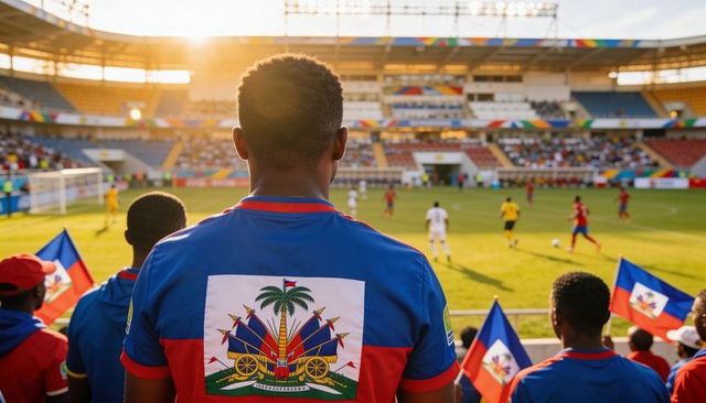 Cheering haitian fans behind goal at soccer match waving flags during golden hour
