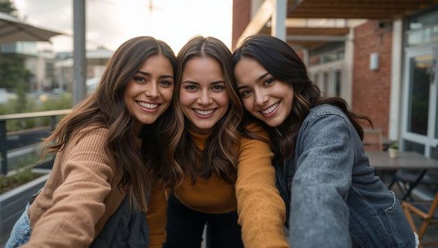 Three friends taking selfie on urban cafe patio leaning together, smiling, casual fall fashion