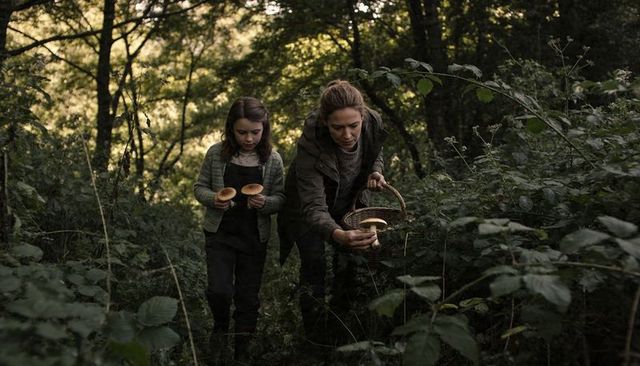 Mother and daughter foraging mushrooms in woodland wicker basket family bonding