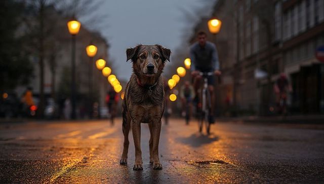 Lonely dog on rainy urban street at dusk
