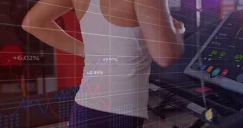 Woman Running on Treadmill with Performance Graph Overlays