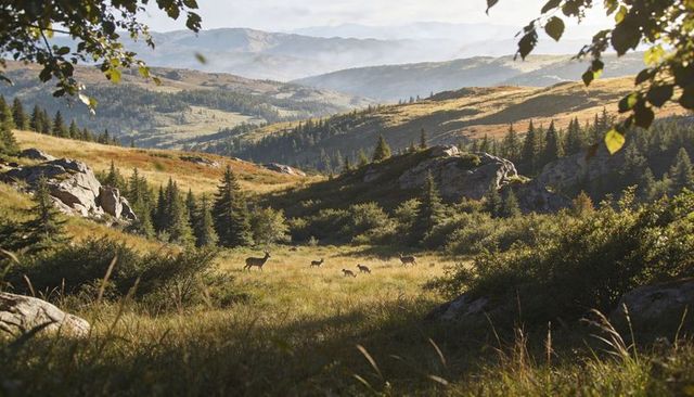 Sunlit alpine meadow with grazing deer herd and fawns foraging among rocks and pines