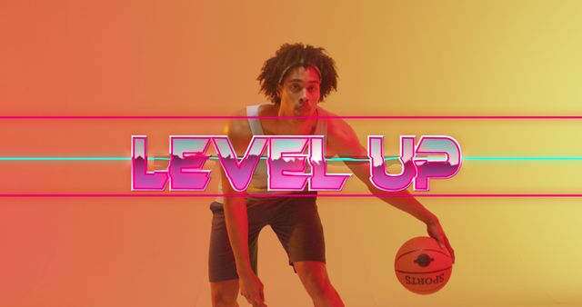 Young Athletic Man Dribbling Basketball with Level Up Text Overlay - Download Free Stock Images Pikwizard.com