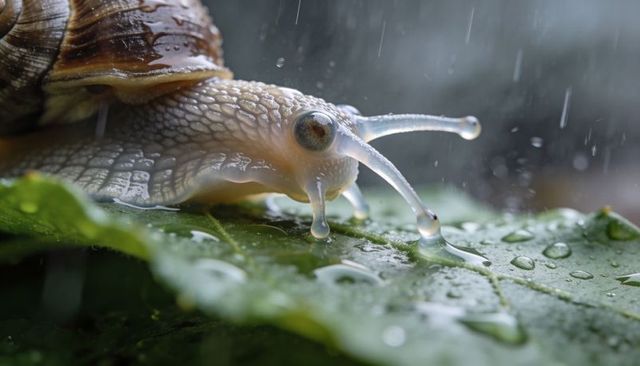Crawling brown snail gliding across wet green leaf leaving glistening mucous trail in rain