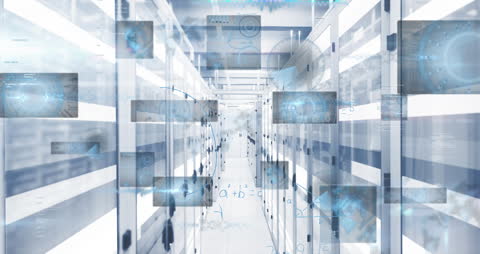 Futuristic Digital Data Processing in Server Room Animation