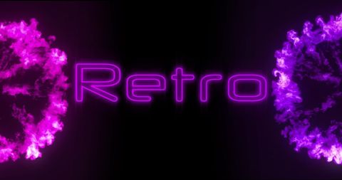 Vibrant retro neon text with purple light explosions