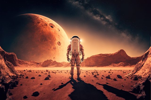 Astronaut exploring planet mars with mountains, created using generative ai technology. Space, planets and astronaut concept, digitally generated image.