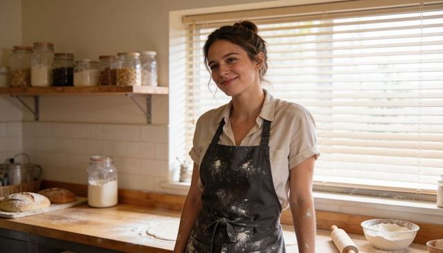 Smiling baker shaping dough in sunlit kitchen with artisan loaves, flour-dusted apron, warm tones